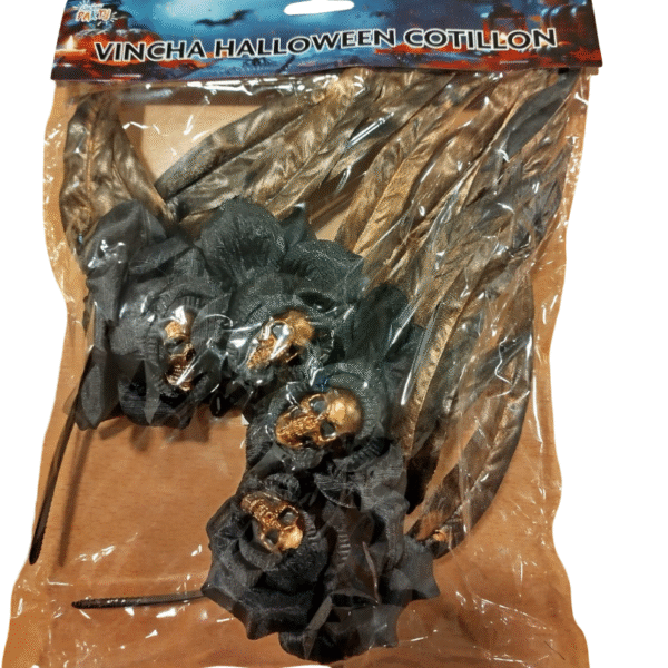 VINCHA ROSAS TELA CALAVERA DORADA Y PLUMAS X1