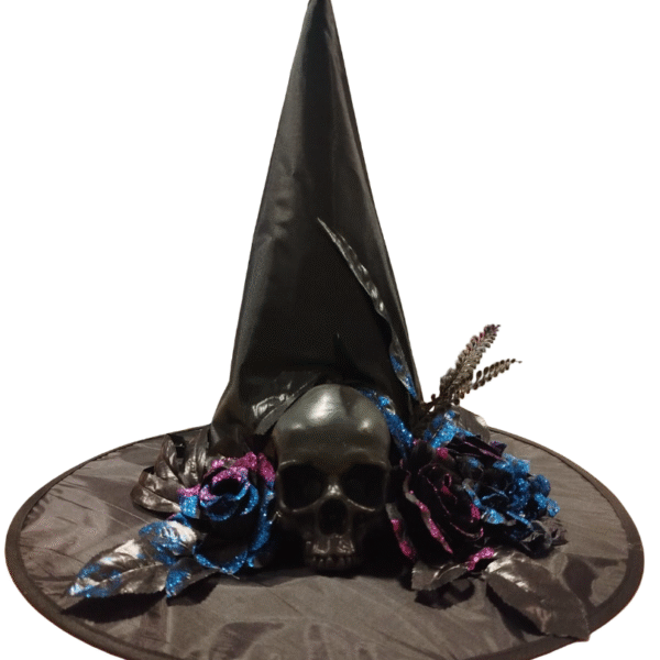 SOMBRERO BRUJA CALAVERAS Y FLORES C/BRILLO X1
