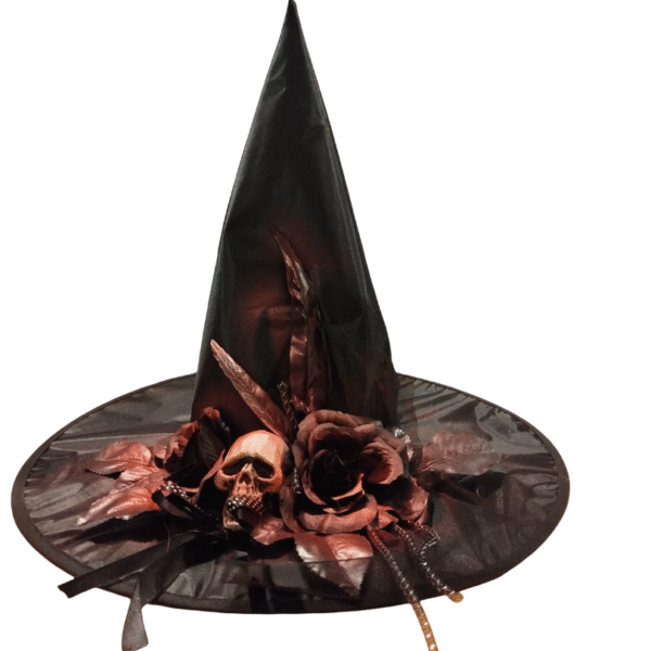 SOMBRERO BRUJA C/TUL CALAVERA FLORES Y PLUMA X1