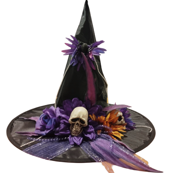 SOMBRERO BRUJA C/PERLAS CALAVERAS Y CINTAS X1